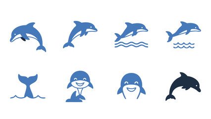 Collection of cute blue dolphin icons in various playful poses and styles