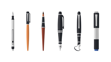 Collection of various writing instruments including fountain pens and markers