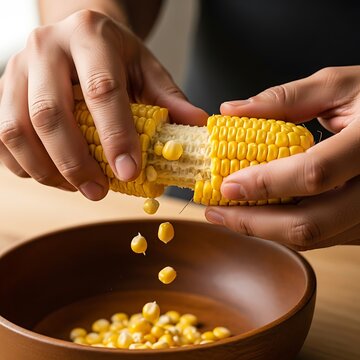 Hands shucking fresh corn, removing kernels into a rustic wooden bowl