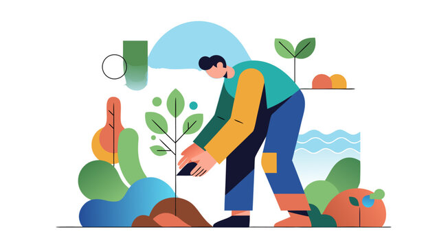 Person planting a small tree in a stylized, abstract garden environment