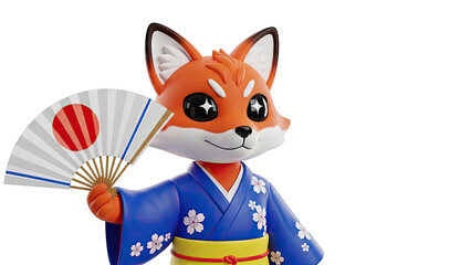 Cute Fox Character in Kimono Holding a Japanese Fan