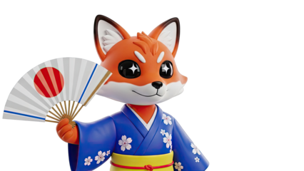 Cute Fox Character in Kimono Holding a Japanese Fan