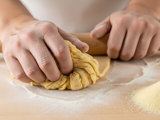 The tactile joy of kneading dough with wooden rolling pin on the table