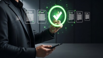 Businessman interacting with futuristic digital interface for verification