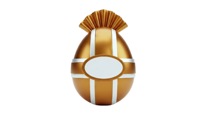 Golden egg with white oval label and ruffled top