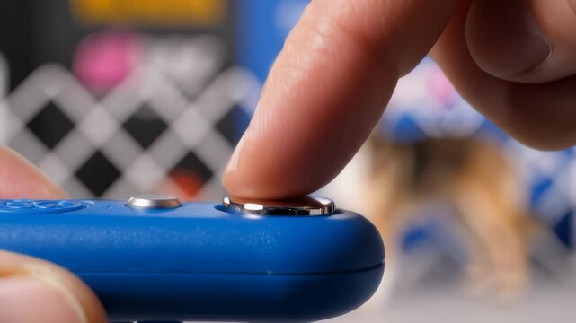 Finger Pushes Button on Toy With Spring, Dog in Background, Close Up
