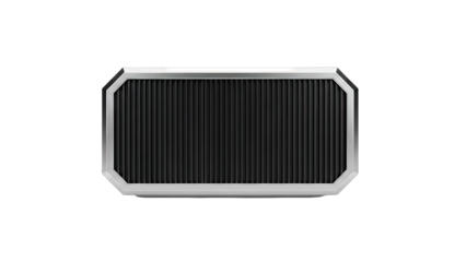Rectangular black ribbed speaker with silver metal frame