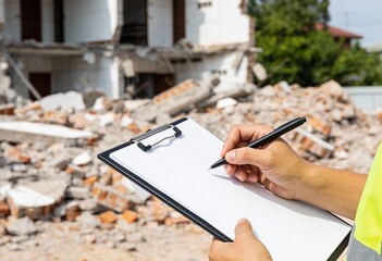 Engineer or construction worker inspecting demolition site rubble while writing notes on a clipboard.