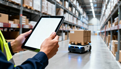 Modern logistics worker using a tablet to monitor an autonomous mobile robot (AMR) transporting cargo in a large warehouse.