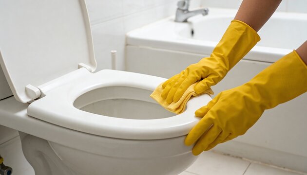 A close-up shot of a person in bright yellow rubber gloves cleaning a white toilet bowl with a yellow cloth.