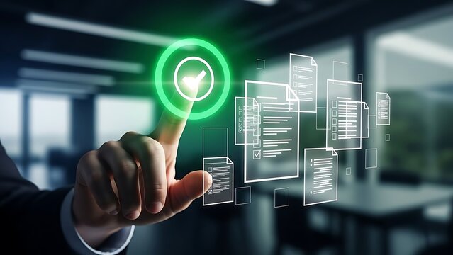 Businessman interacting with digital interface in modern office space - Powered by Adobe