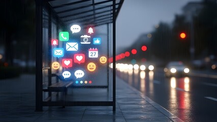 Smart city bus stop interface with floating social media icons