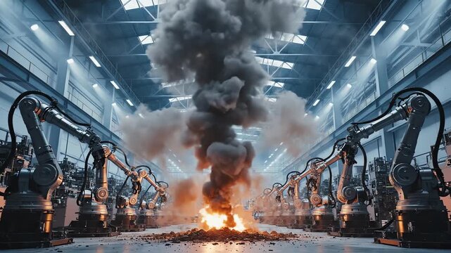 Factory Explosion with Dense Smoke Cloud and Robotic Arms Row Under Bright Industrial Lighting Factory Accident