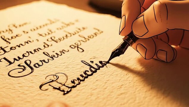 Elegant Calligraphy - A Hand Writes with a Fountain Pen.