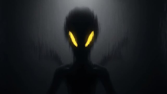 Mysterious figure with glowing eyes standing alone in a dark environment from a frontal viewpoint