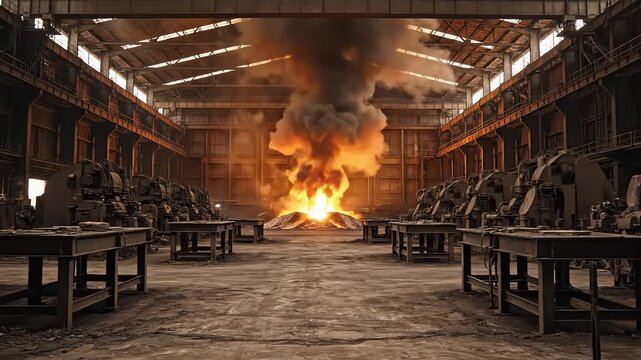 Fire Accident at Industrial Factory Hall with Heavy Machinery and Dark Smoke in Warm Tones