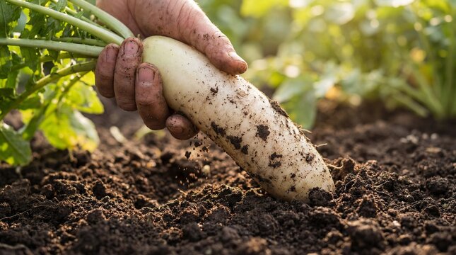 Harvesting organic white radish from fertile soil