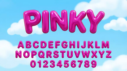 3D rendered pink bubbly alphabet and numbers set against a blue sky with white clouds, featuring the word Pinky.