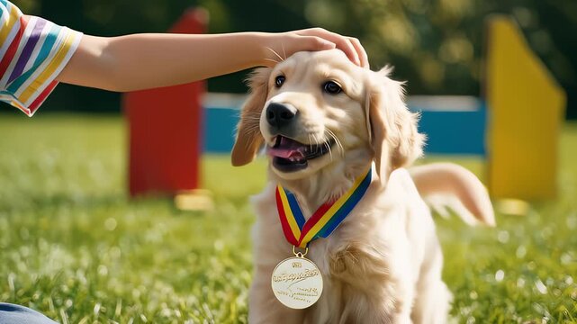 Young Girl Puts Medal on Happy Golden Retriever Puppy Outdoors