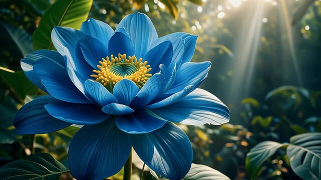 Blue Lotus Flower Blooms in Forest Sunlight During Early Morning Hours
