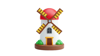 Cartoon Windmill with Red Roof and Yellow Blades