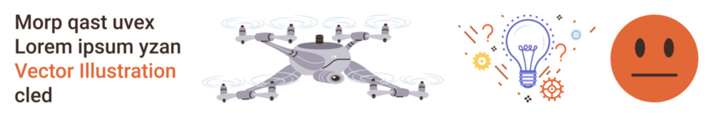 Robotics, innovation, emotions, technology, creativity, mood . quadcopter with multiple propellers, lightbulb with gears neutral face. Innovation and emotions in robotics and creativity concepts © robu_s