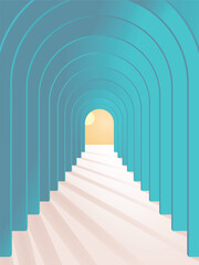Obraz premium Endless corridor of repeating arches in warm green pastel colors, creating depth, rhythm, and a surreal architectural perspective.