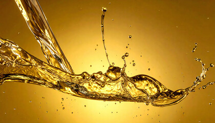 黄金色に輝く液体のスプラッシュ。高級感とエネルギーを感じる抽象背景。Golden Liquid Splash Abstract Background with Luxury and Energy.
