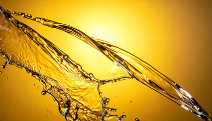黄金色に輝く液体のスプラッシュ。高級感とエネルギーを感じる抽象背景。Golden Liquid Splash Abstract Background with Luxury and Energy.