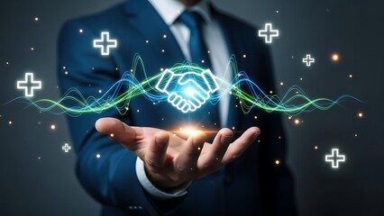 Businessman presenting partnership and technology concept with handshake