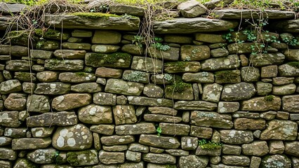 Old weathered stone wall with moss.