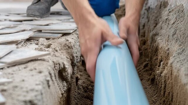 A plumber in blue overalls is installing a light blue plastic pipe into a trench in the ground, focusing on pipe installation.