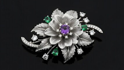 Brooch Jewelry: Silver Flower Brooch with Amethyst and Emerald Accents