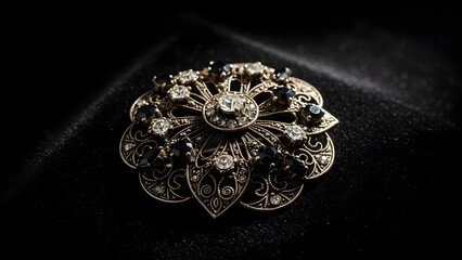 Brooch Jewelry: Vintage Filigree Flower Brooch with Black Stones