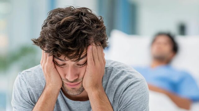 A man sits with his head in his hands, looking distressed, with another person in a hospital bed in the background.