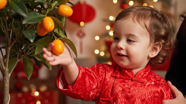 Adorable Toddler in Red Outfit Reaching for Kumquats, Celebrating Chinese New Year