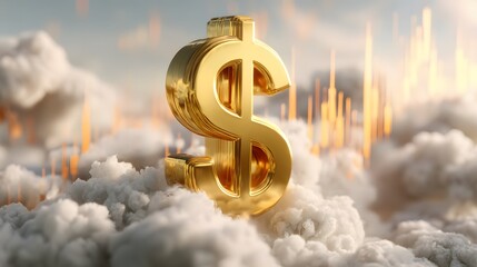 Golden Dollar Sign Amidst Clouds with Rising Graph Elements
