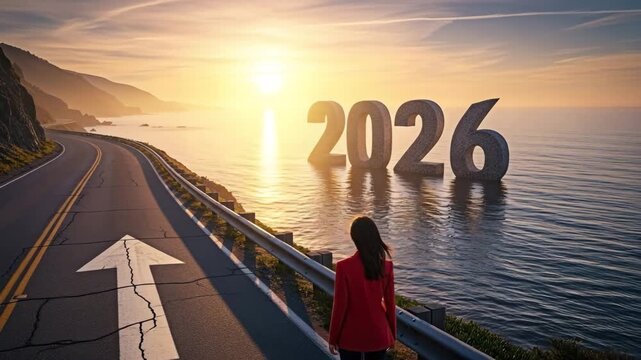 A woman looks ahead to the future and year 2026 for the concept of vision and New year.