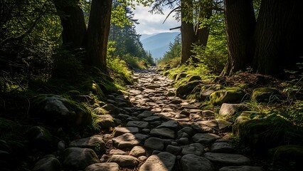 Serene forest path with stone trail.