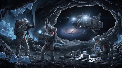 Astronauts conducting research in a cave on a distant planet with a spacecraft in the background