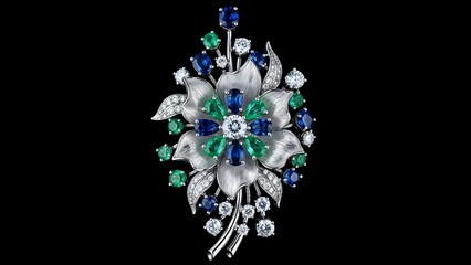 Brooch Jewelry: Gemstone Flower Brooch Isolated on Black Background