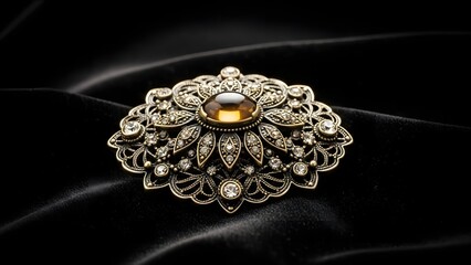 Brooch Jewelry: Gold Ornate Brooch with Amber Gem on Black Velvet