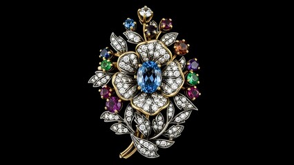 Brooch Jewelry: Luxury Floral Brooch with Blue Gem and Diamonds