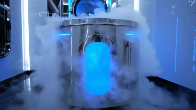 Cryo spa proceduredevice, cold vapor, blue light. Modern spa center technology, client wellness futuristic cryo procedure. Health, beauty concept, rejuvenation,