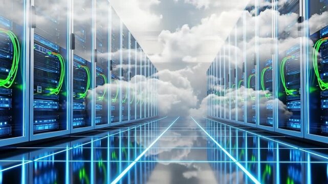 Cloud computing data center server room, depicting digital technology and the future of data.