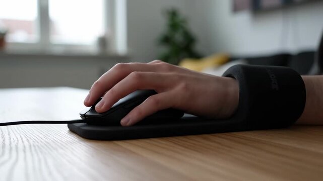 Hand using computer mouse with wrist rest on wooden desk indoors