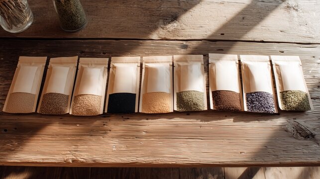 Different types of spices arranged in packets on a wooden table in natural light
