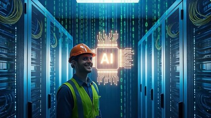 Data center worker with AI chip and server concept. - Powered by Adobe