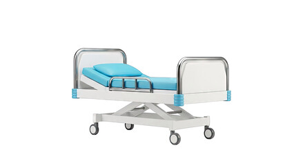 Hospital Bed with Blue Mattress and Pillow on Wheels