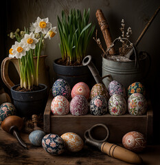 Decorated Easter eggs arranged with spring daffodils and vintage garden tools on wooden table